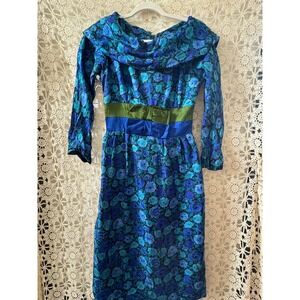 Vintage Teal Blue Rose Print Dress Sz‎ S